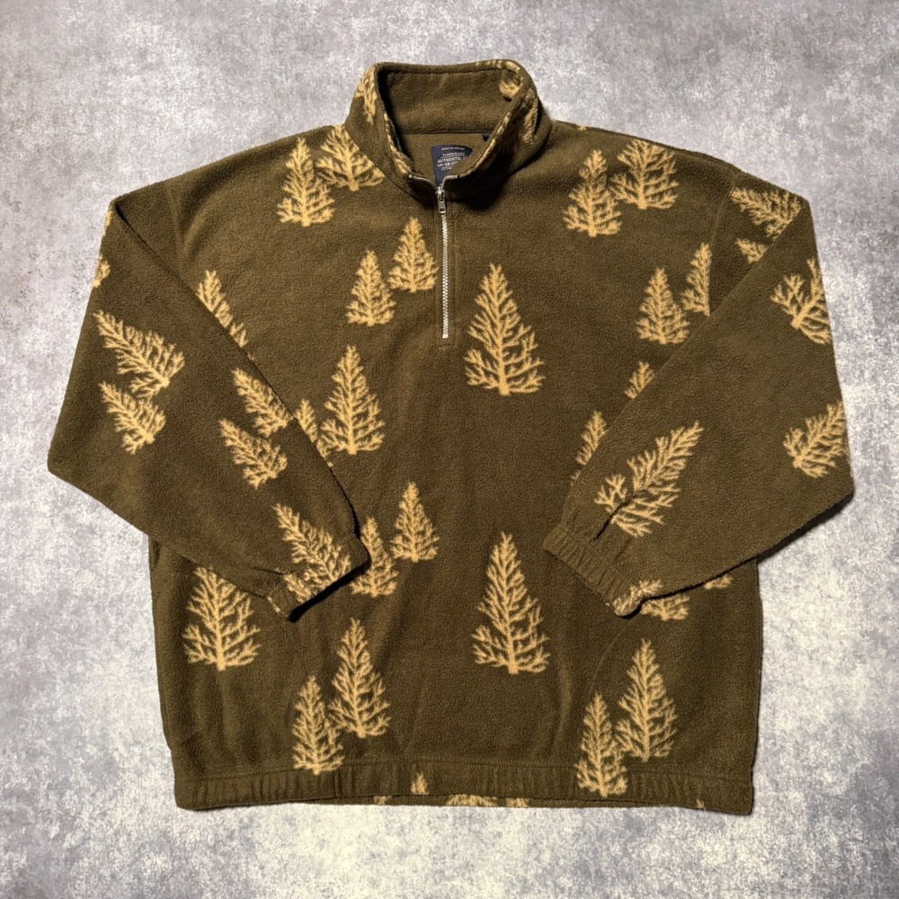 Faded Glory Men's Fleece Quarter Zip Pullover Brown Tree‎ Print Size Large